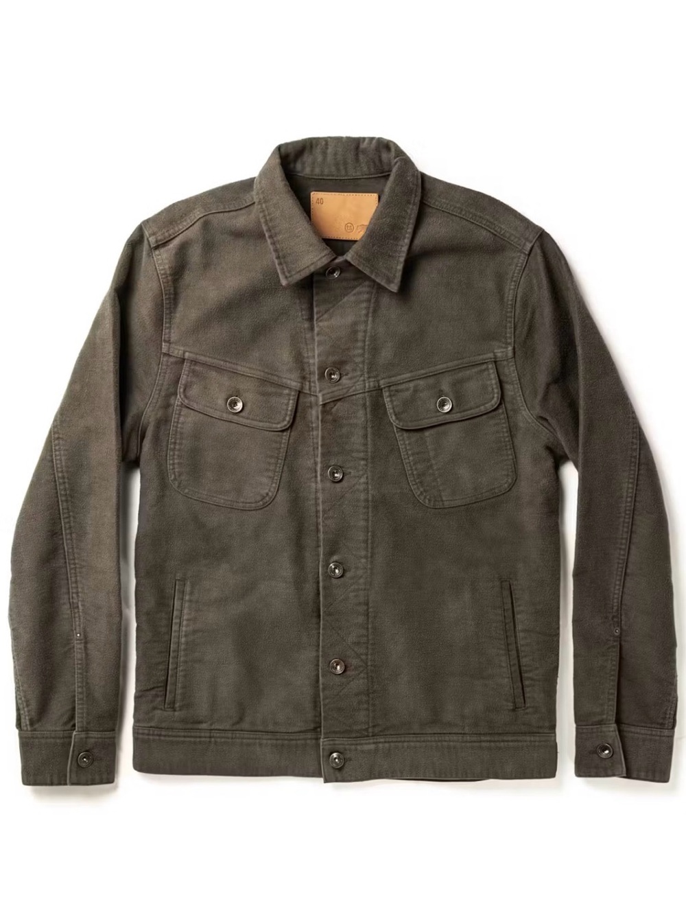Taylor Stitch Long Haul Trucker in moss brushed reverse sateen